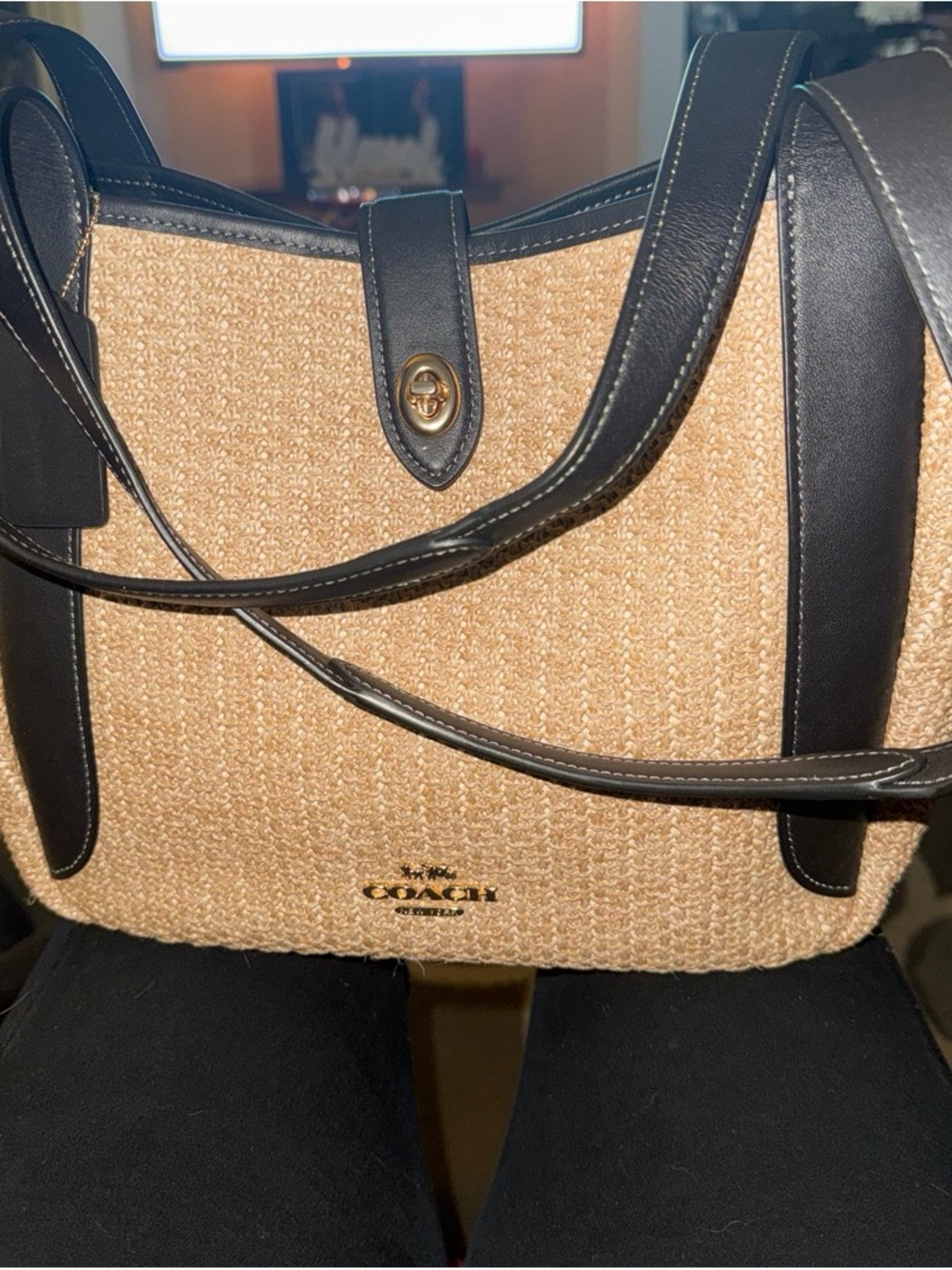 COACH Beige Straw Tote with Black Leather Trim